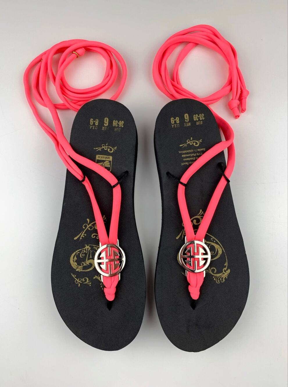 Chula Sandals Platform Flips Flops Neon Pink Wrap Around Leg Ties Women's 8 9